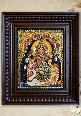 Goddess Saraswati Seated On Swan Tanjore Painting