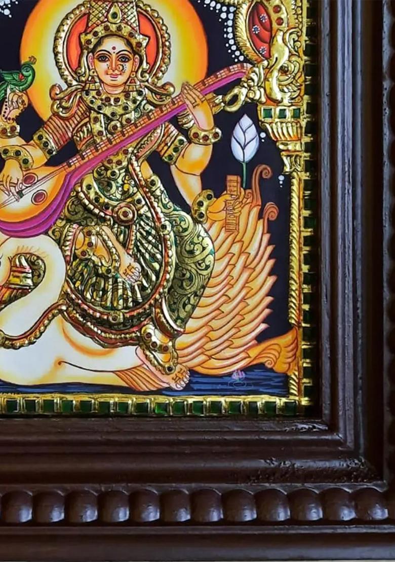 Goddess Saraswati Seated On Swan Tanjore Painting