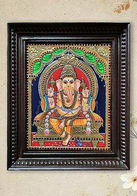 Lord Ganesha Seated On Kirtimukha Throne Tanjore Painting