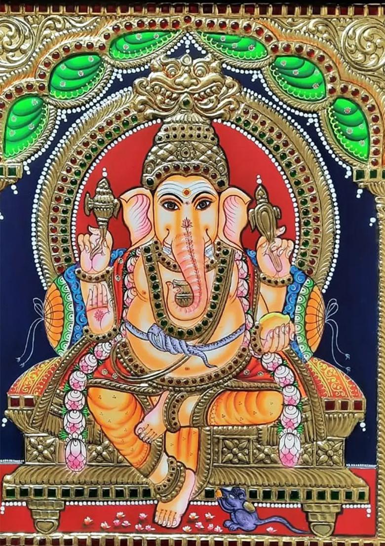 Lord Ganesha Seated On Kirtimukha Throne Tanjore Painting