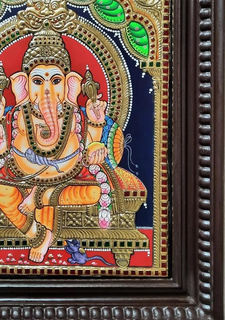 Lord Ganesha Seated On Kirtimukha Throne Tanjore Painting