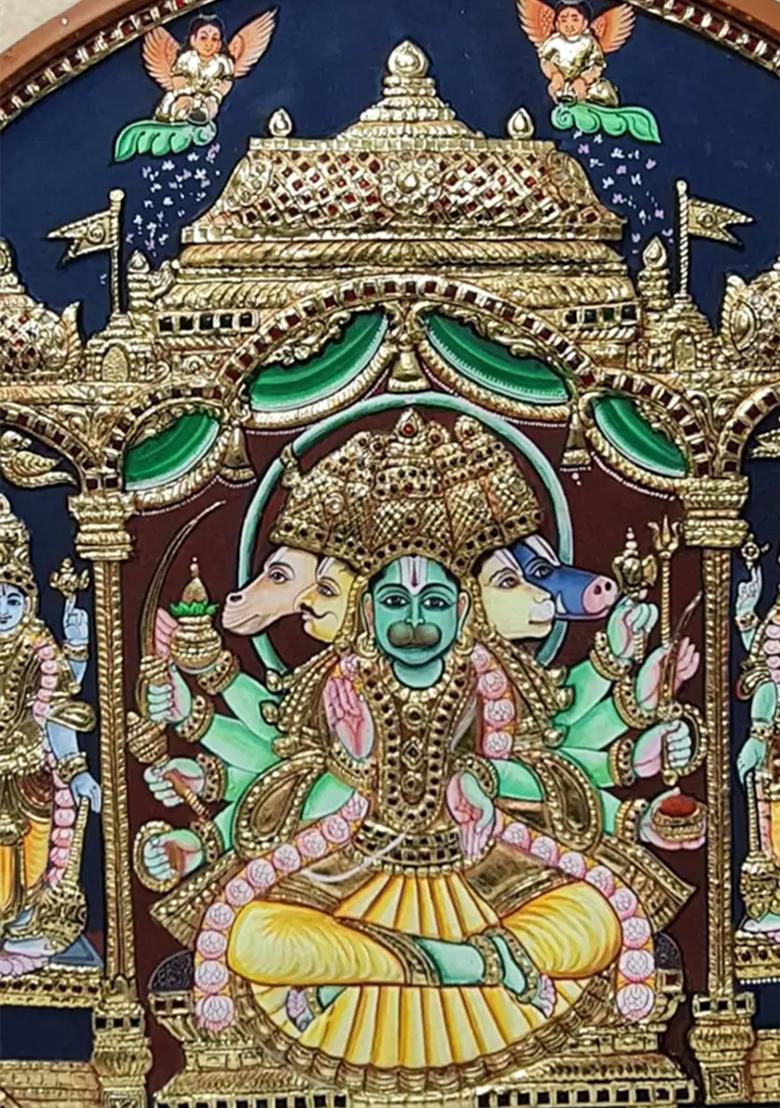 Seated Lord Panchmukhi Hanuman Tanjore Painting Divine Artwork