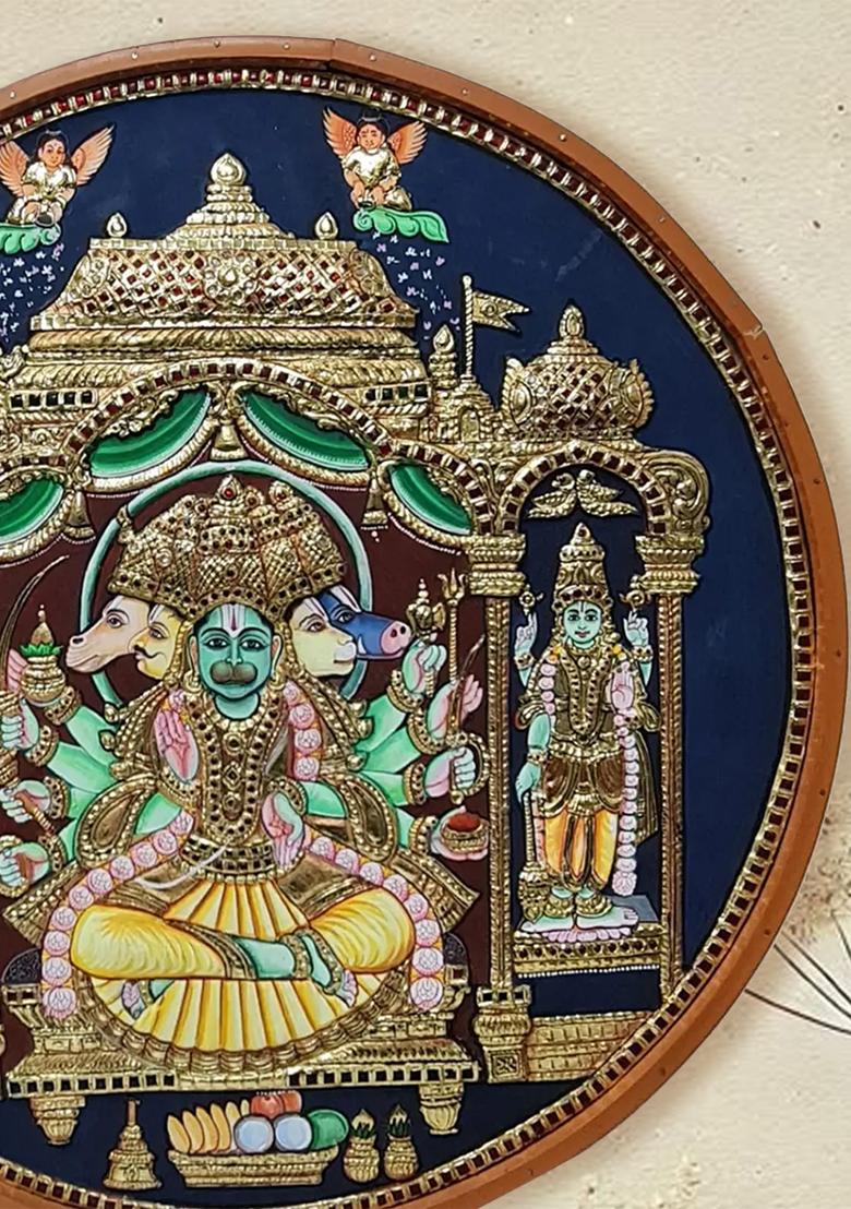 Seated Lord Panchmukhi Hanuman Tanjore Painting Divine Artwork