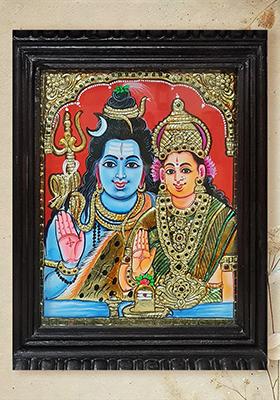 Blessing Shiva Parvati Tanjore Painting With Wooden Frame Divine Couple Artwork