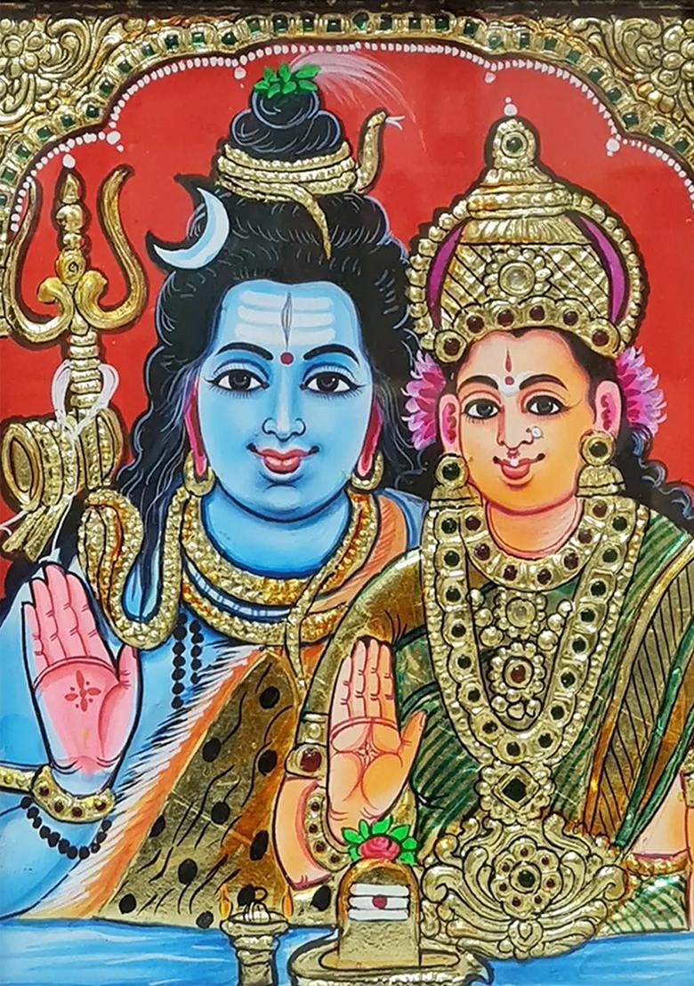 Blessing Shiva Parvati Tanjore Painting With Wooden Frame Divine Couple Artwork