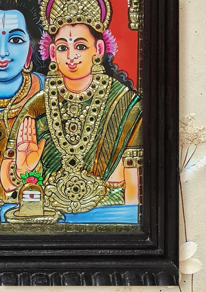 Blessing Shiva Parvati Tanjore Painting With Wooden Frame Divine Couple Artwork
