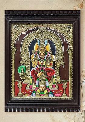 Goddess Karumariamman Tanjore Painting With Wooden Frame Artwork