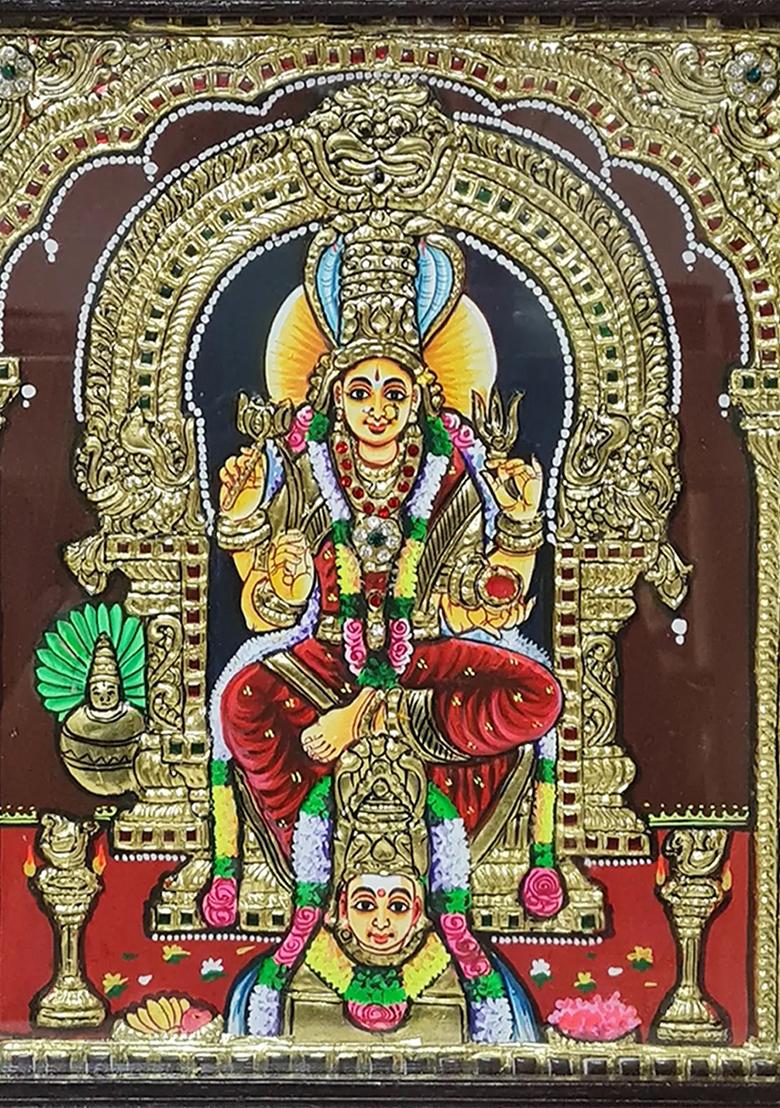 Goddess Karumariamman Tanjore Painting With Wooden Frame Artwork