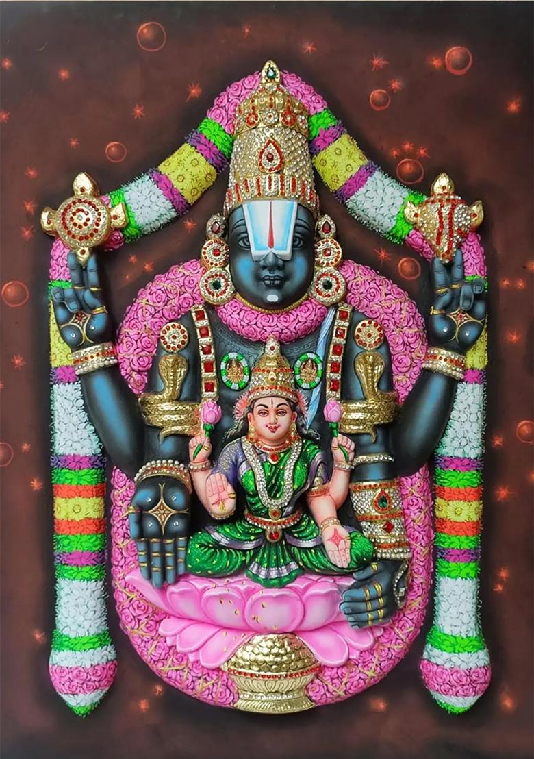 Tirupati Balaji Tanjore Painting Venkateshvara With Devi Lakshmi Super Embossed 3D Face Work
