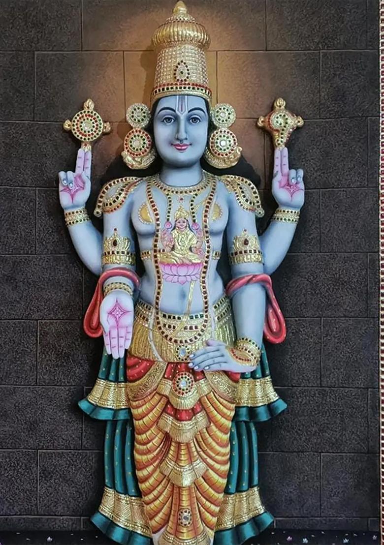 Standing Lord Perumal Tanjore Painting Vishnu With Devi Lakshmi Super Embossed 3D Face Work