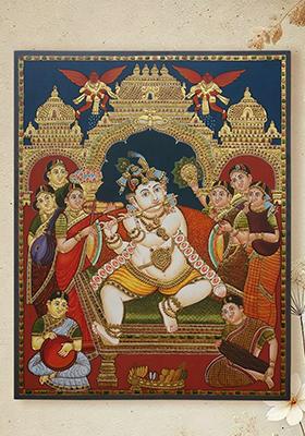 Charming Bal Krishna Playing Flute Tanjore Painting