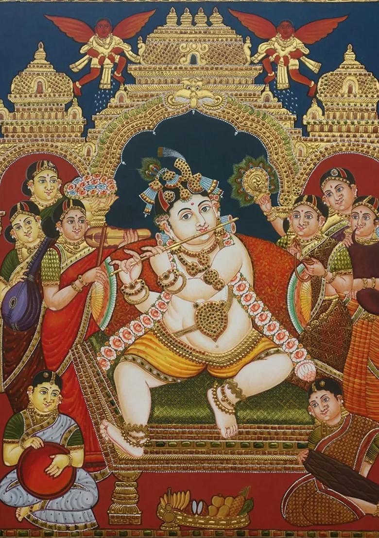 Charming Bal Krishna Playing Flute Tanjore Painting