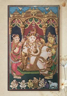 Lord Krishna With Rukmini And Satyabhama Tanjore Painting