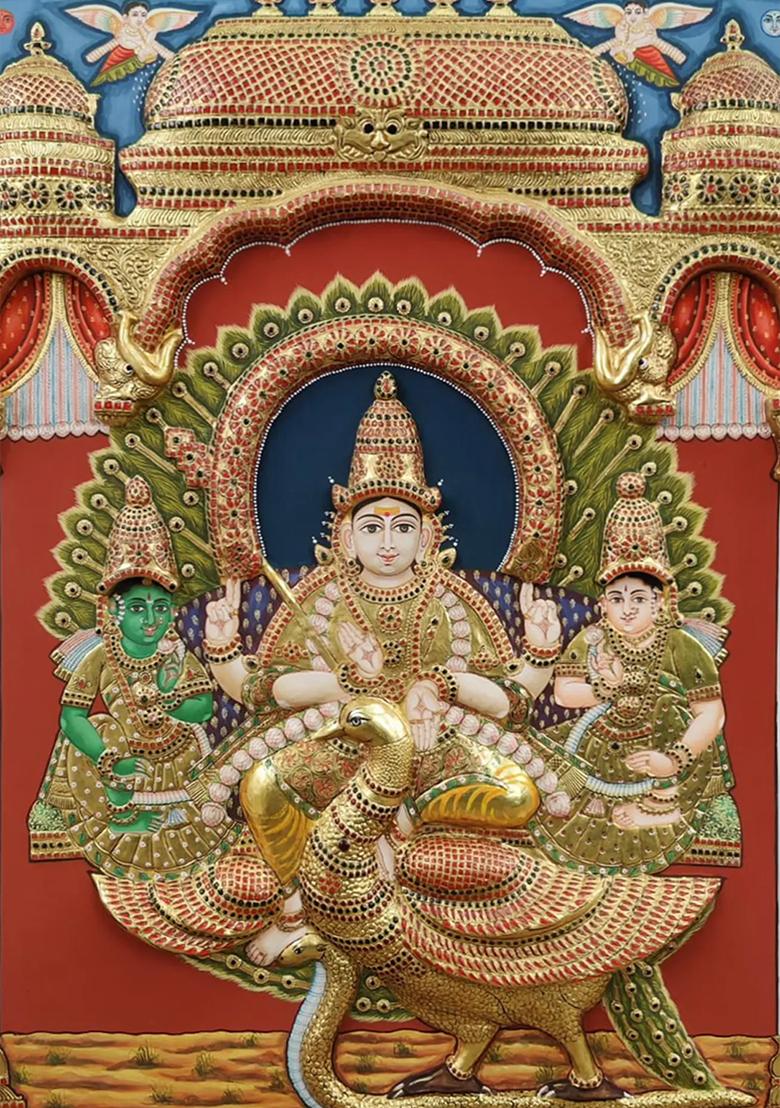 Lord Murugan With Devasena And Valli Tanjore Painting Artworkout Frame