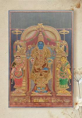 Standing Lord Vishnu With Sridevi And Bhudevi Tanjore Painting Artworkout Frame