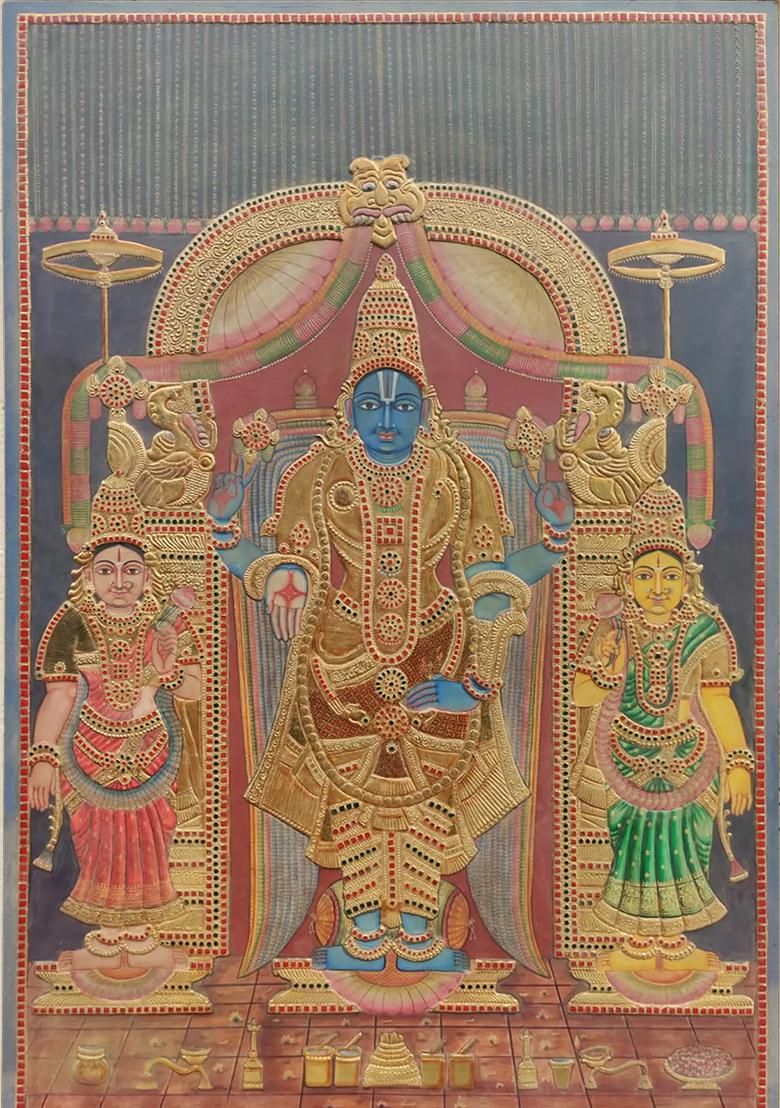 Standing Lord Vishnu With Sridevi And Bhudevi Tanjore Painting Artworkout Frame