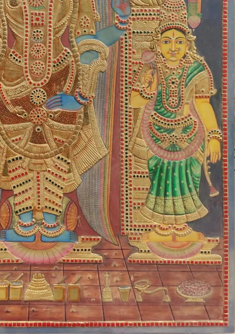 Standing Lord Vishnu With Sridevi And Bhudevi Tanjore Painting Artworkout Frame