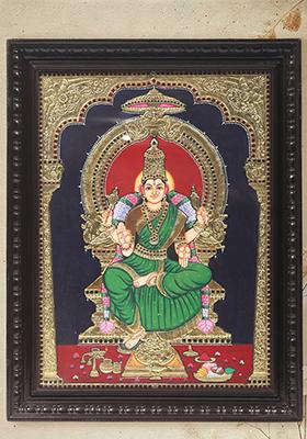 Goddess Bhuvaneshwari Tanjore Painting With 24K Gold Teakwood Frame