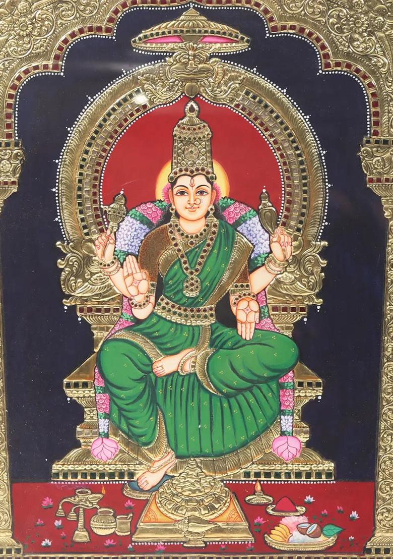 Goddess Bhuvaneshwari Tanjore Painting With 24K Gold Teakwood Frame