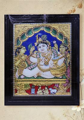 Butter Krishna Tanjore Painting Artwork 24 Karat Gold Masterpiece