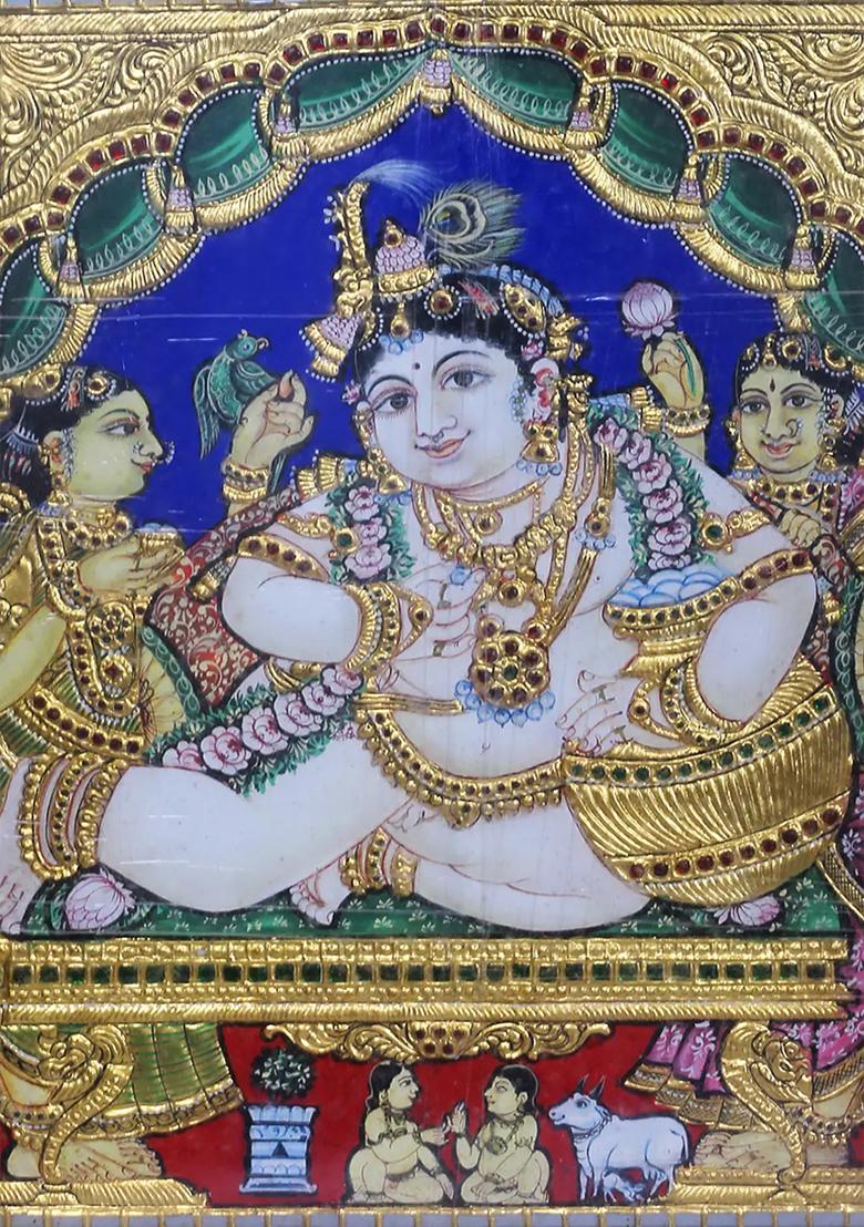 Butter Krishna Tanjore Painting Artwork 24 Karat Gold Masterpiece