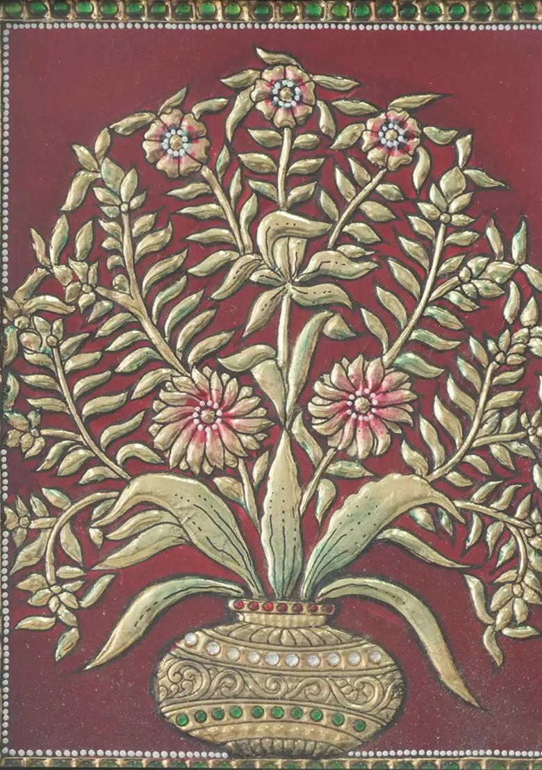 Exquisite Flower Pot Tanjore Painting With 24 Karat
