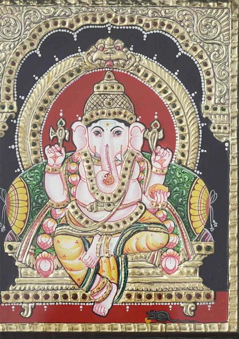 Fourarmed Lord Ganesha Tanjore Painting Seated On Kirtimukha Throne 24 Karat Gold