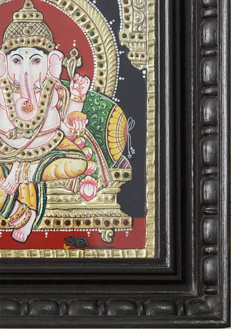 Fourarmed Lord Ganesha Tanjore Painting Seated On Kirtimukha Throne 24 Karat Gold