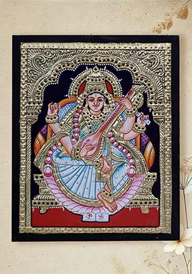 Devi Saraswati Tanjore Painting Goddess Of Knowledge Wisdom 24 Karat Gold Artwork