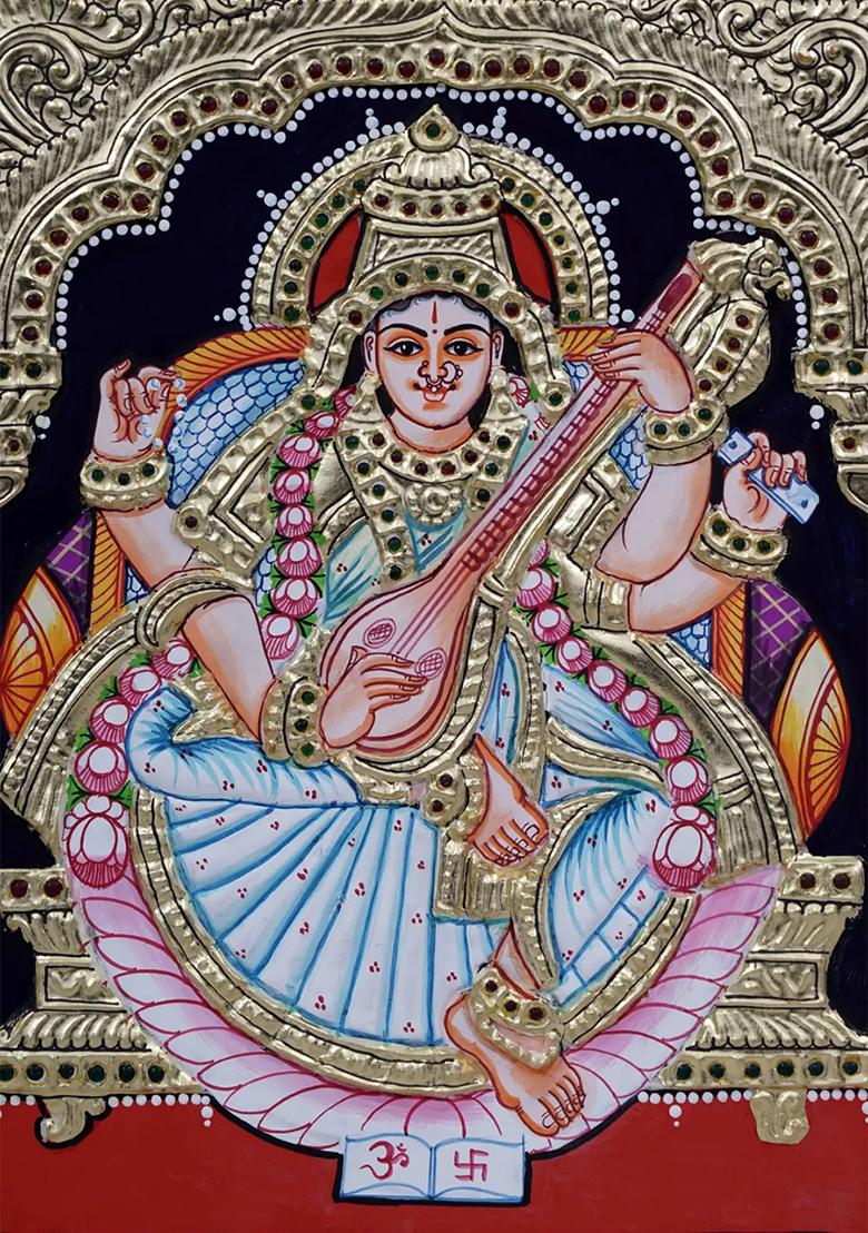 Devi Saraswati Tanjore Painting Goddess Of Knowledge Wisdom 24 Karat Gold Artwork