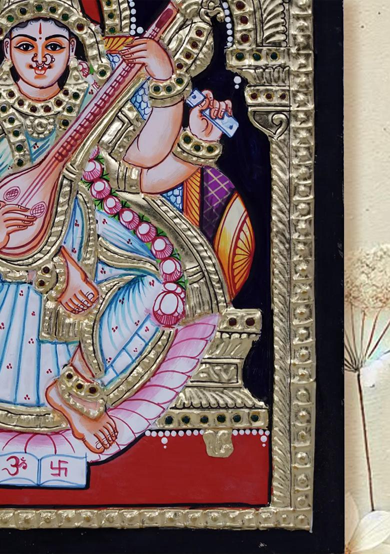 Devi Saraswati Tanjore Painting Goddess Of Knowledge Wisdom 24 Karat Gold Artwork