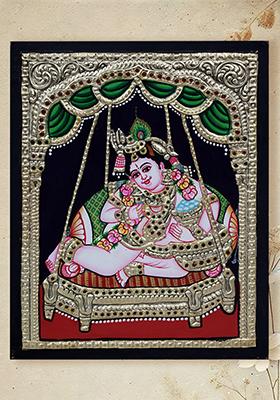 Butter Krishna On Swing Enchanting Tanjore Painting 24 Karat Gold Artwork
