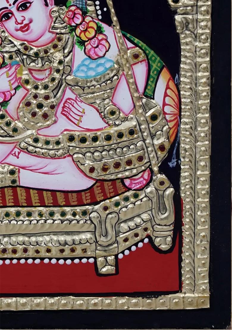 Butter Krishna On Swing Enchanting Tanjore Painting 24 Karat Gold Artwork