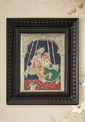 Radha Krishna On Swing Divine Tanjore Painting 24 Karat Gold Detailing