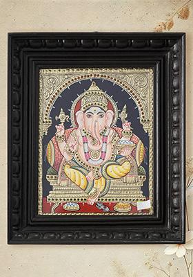 Chaturbhuja Lord Ganesha Tanjore Painting Seated On Throne 24 Karat Gold