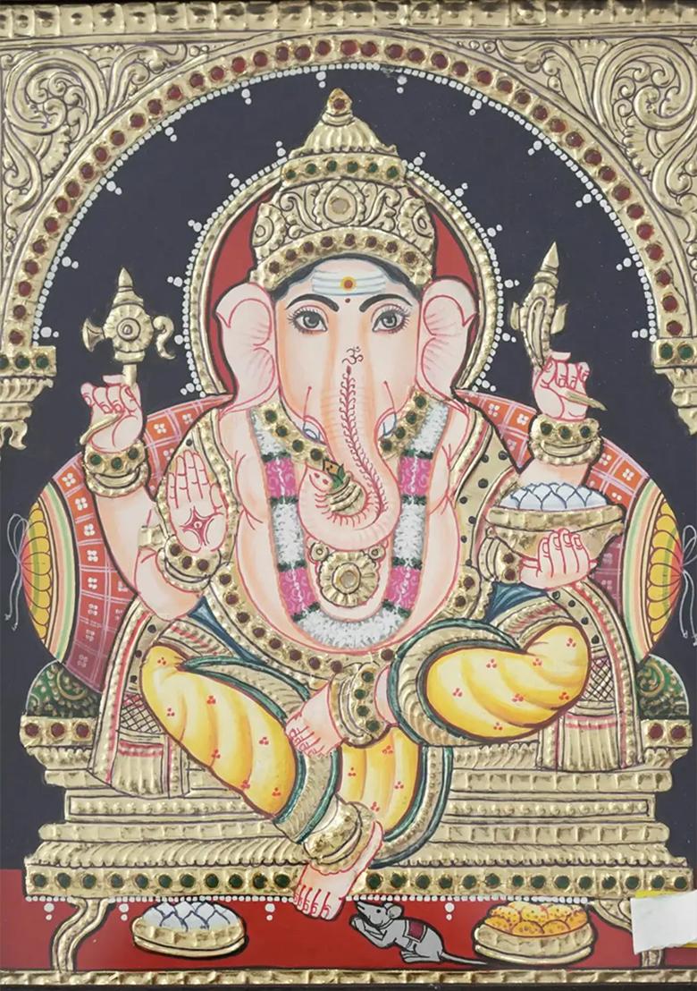 Chaturbhuja Lord Ganesha Tanjore Painting Seated On Throne 24 Karat Gold