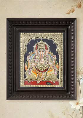 Lord Ganapati Tanjore Painting Seated On Throne 24 Karat Gold