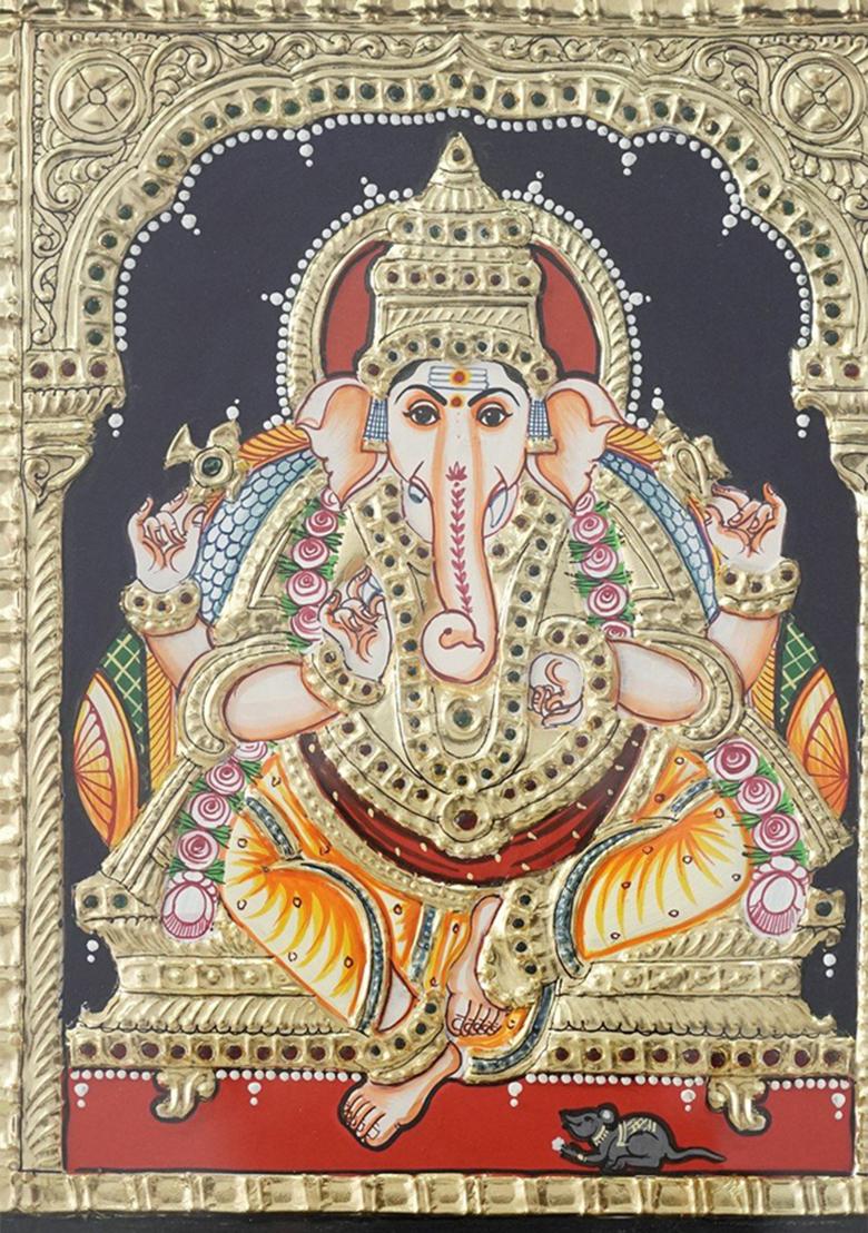 Lord Ganapati Tanjore Painting Seated On Throne 24 Karat Gold