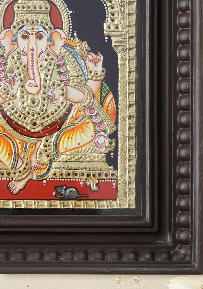 Lord Ganapati Tanjore Painting Seated On Throne 24 Karat Gold