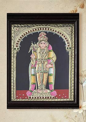 Standing Lord Murugan Tanjore Painting With 24 Karat Gold