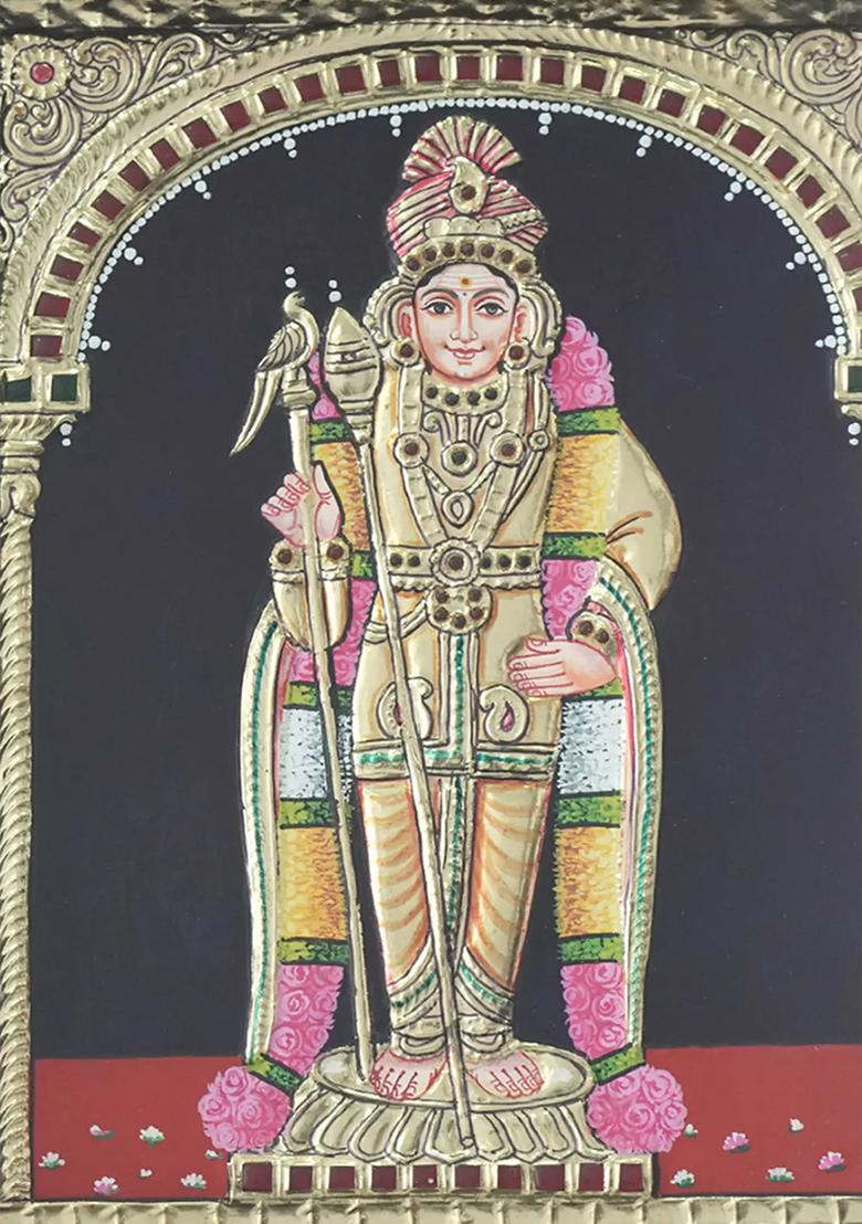 Standing Lord Murugan Tanjore Painting With 24 Karat Gold