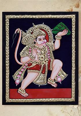 Lord Hanuman Carrying Sanjeevani Tanjore Painting With 24 Karat Gold