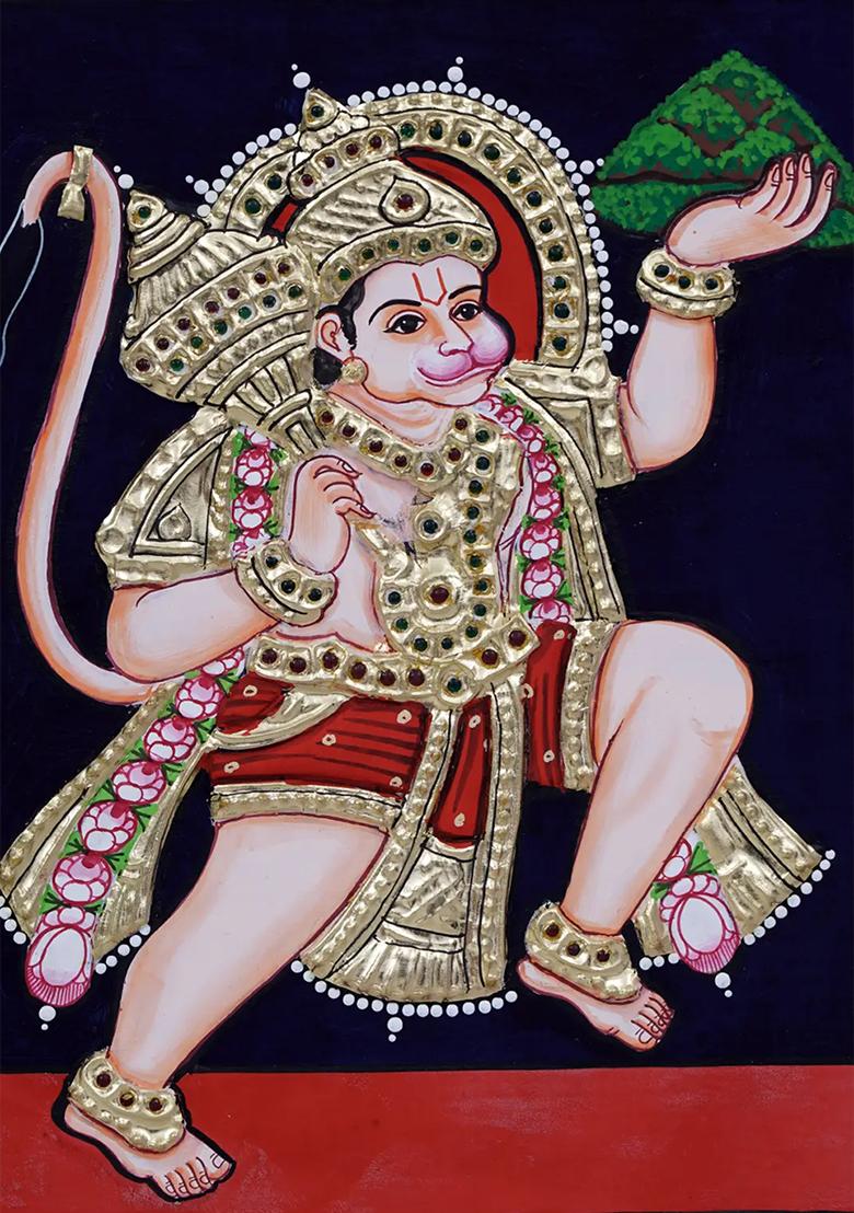 Lord Hanuman Carrying Sanjeevani Tanjore Painting With 24 Karat Gold