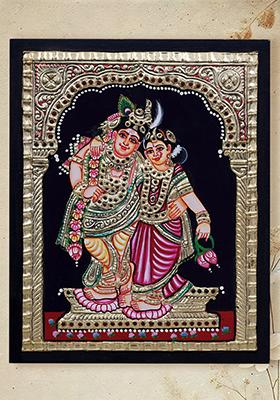 Standing Radha Krishna Tanjore Painting With 24 Karat Gold