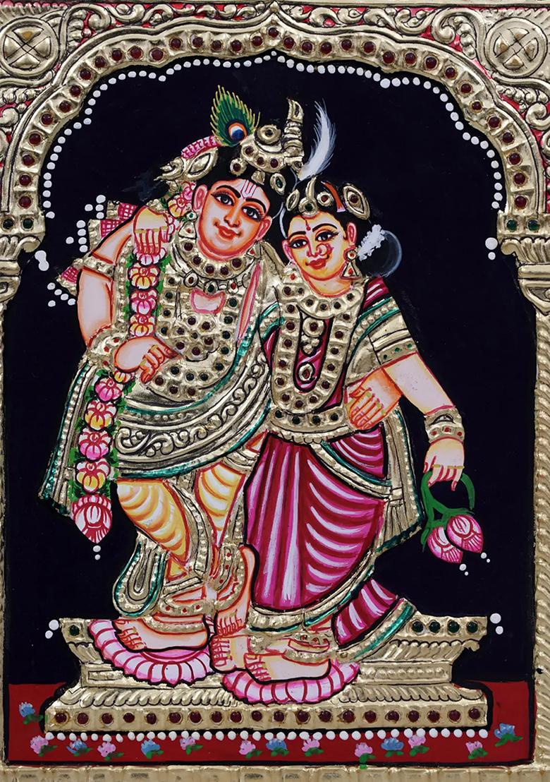 Standing Radha Krishna Tanjore Painting With 24 Karat Gold