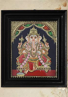 Sitting Chaturbhuja Lord Ganesha Tanjore Painting With 24 Karat Gold