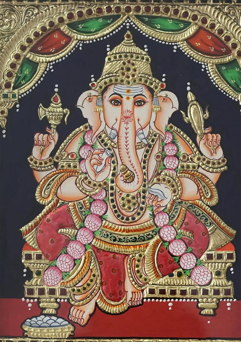 Sitting Chaturbhuja Lord Ganesha Tanjore Painting With 24 Karat Gold