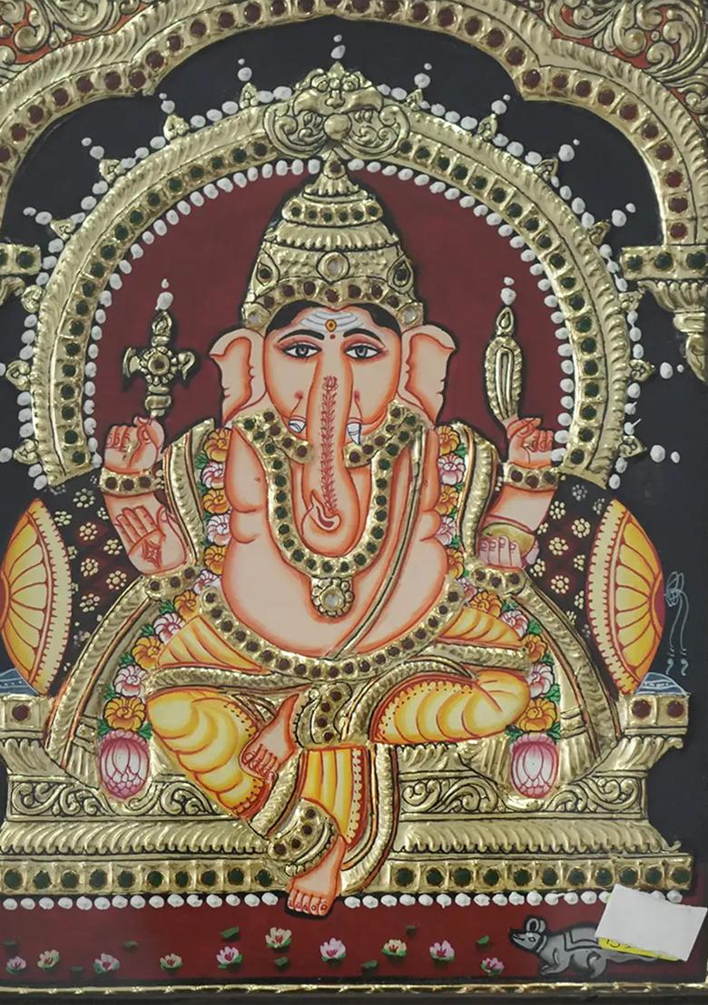 Chaturbhuja Ganesha Seated On Throne With 24 Karat Gold Tanjore Painting