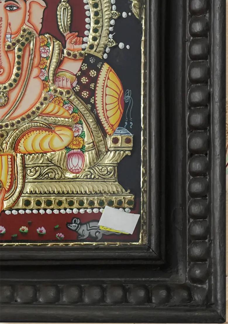 Chaturbhuja Ganesha Seated On Throne With 24 Karat Gold Tanjore Painting