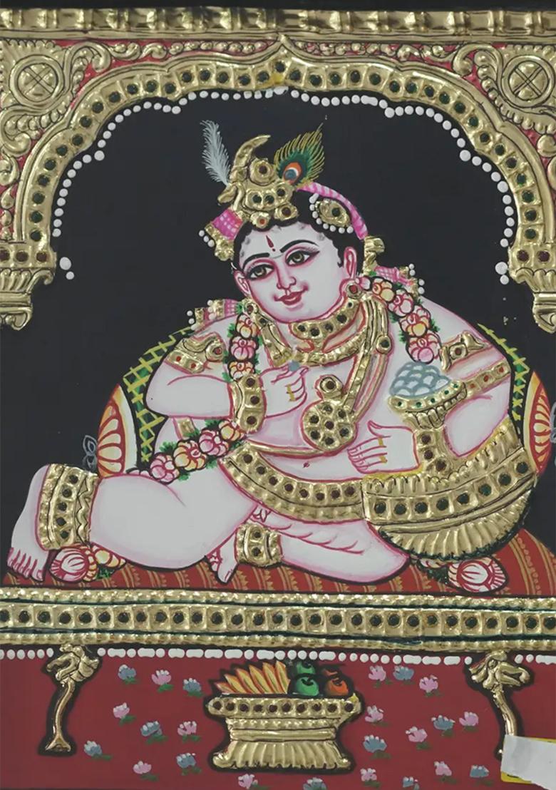 Butter Krishna Makhanchor Tanjore Painting With 24 Karat Gold